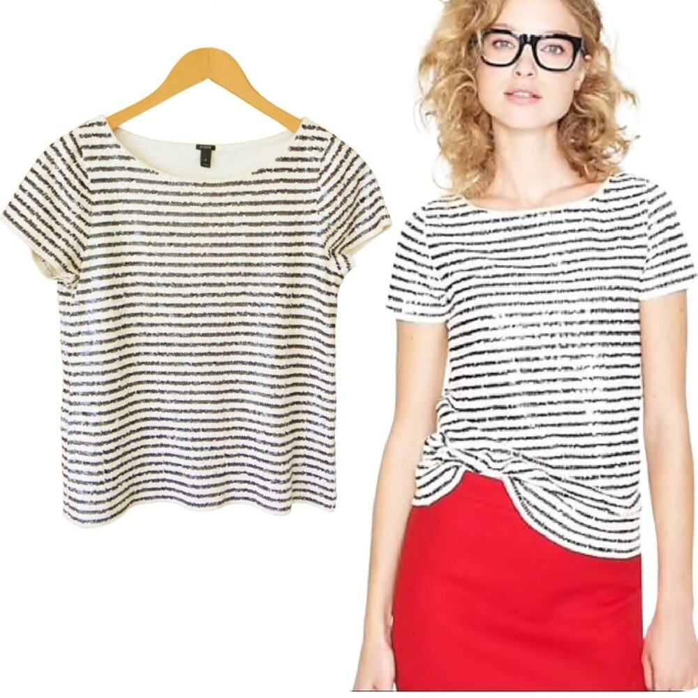 J Crew Sequin Top Tee Black & Ivory Parisian Stripe